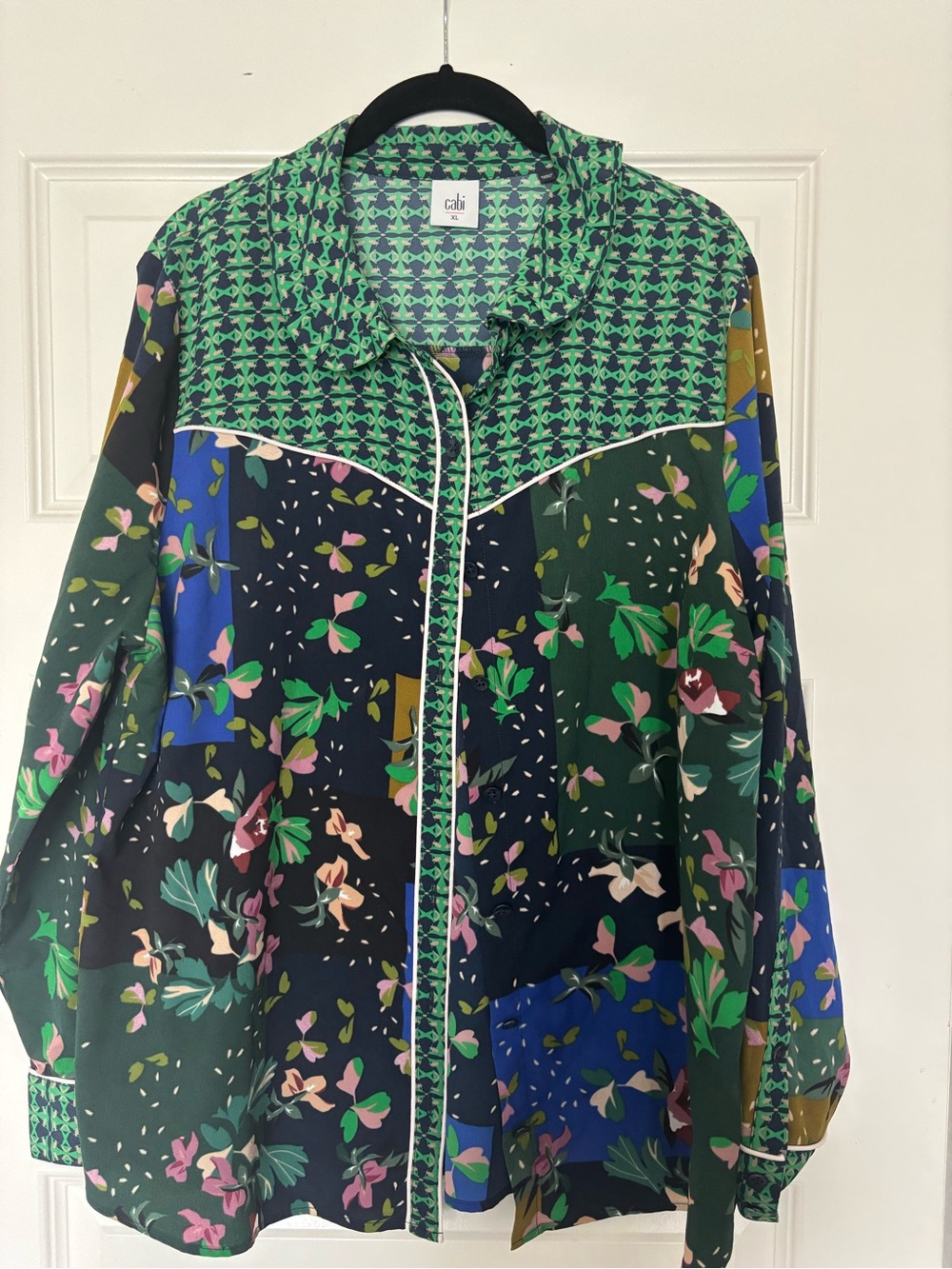 CAbi Multicolor Floral Patchwork Button-Down Blouse